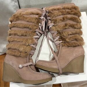 Arleen C Rabbit Fur Wedge Suede Tan  Ski Boots. Sz 7